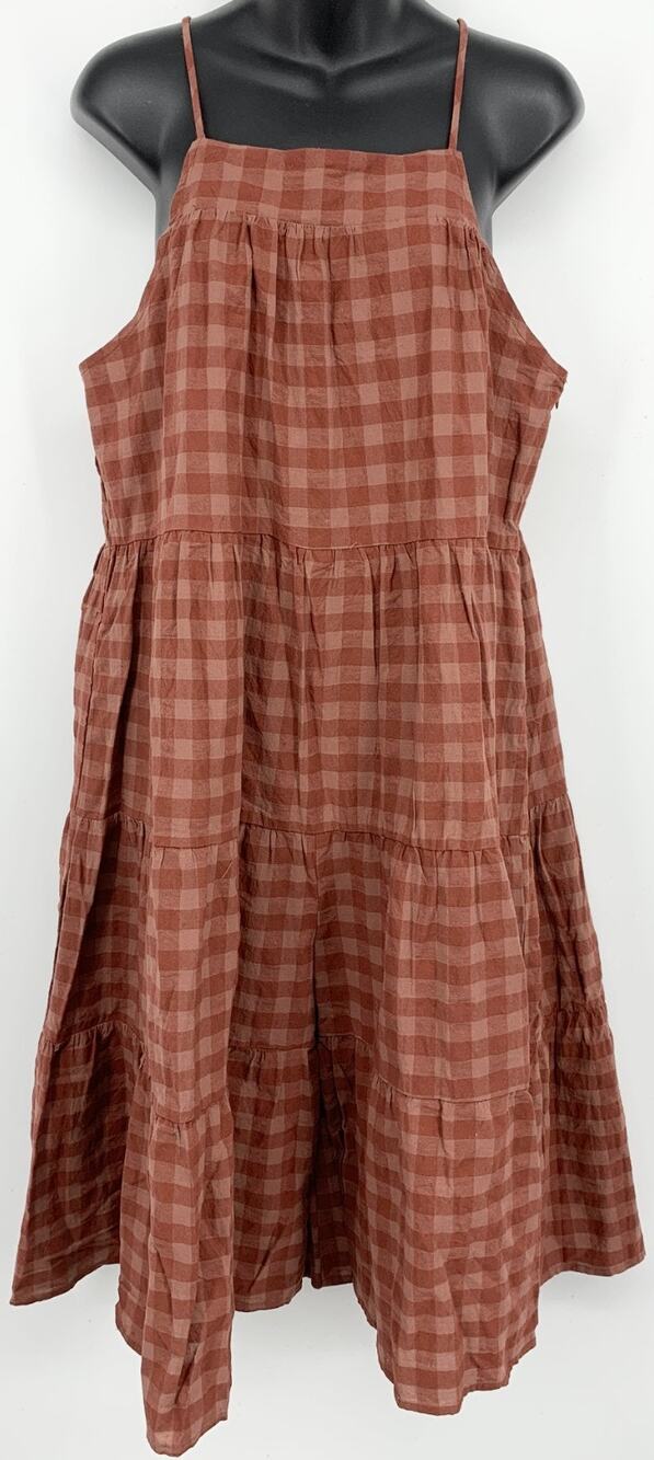 Storia Womens Tiered Cropped Jumpsuit Medium Brown Gingham Adjustable Strap